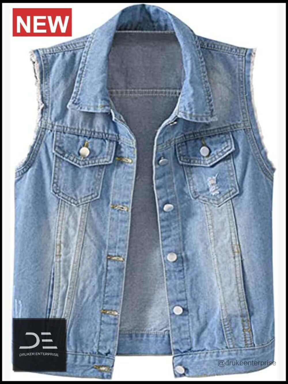 Cotton Polyester Denim Vest Slim Fit Sleeveless Frayed Jacket with Pockets